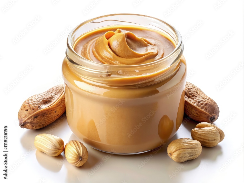 Creamy Peanut Butter Jar, White Background Food Photography Creamy Peanut Butter Jar, White Background Food Photography