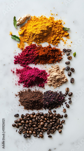 Top Shot of Powdered Hibiscus, Pink Pepper, Turmeric, Ginger, and Coffee on White Background photo