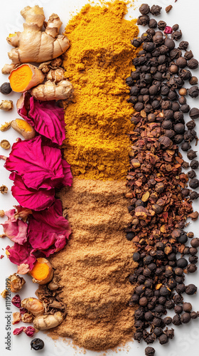 Colorful Powder Blend Featuring Hibiscus, Pink Pepper, Turmeric, Ginger, and Coffee on White Surface photo