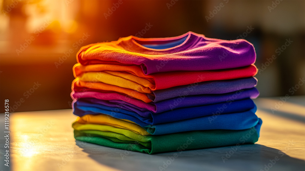 Cotton stack of colorful folded clothes on wooden table indoors empty space background Cotton stack of colorful folded clothes on wooden table indoors empty space background