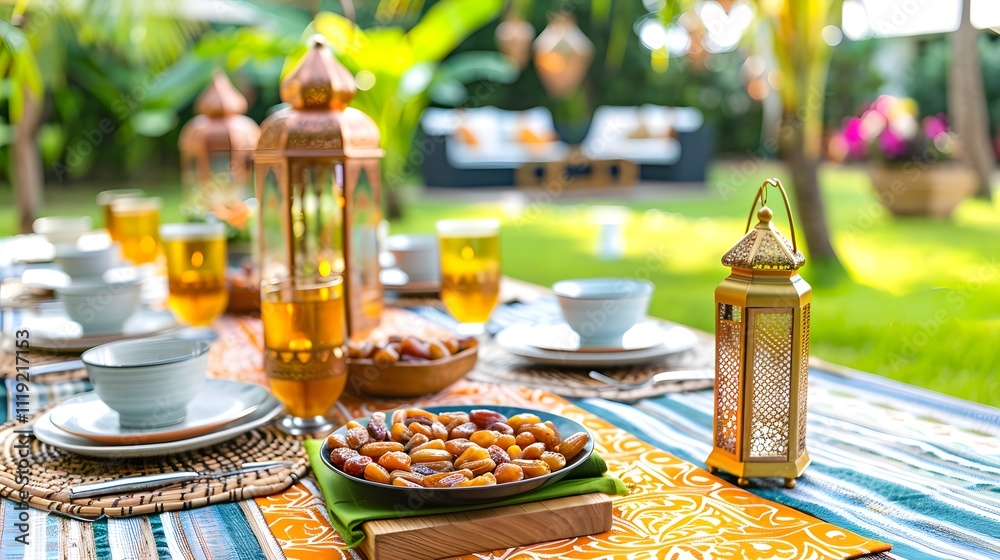 Iftar feast in a lush garden setting. Iftar feast in a lush garden setting.