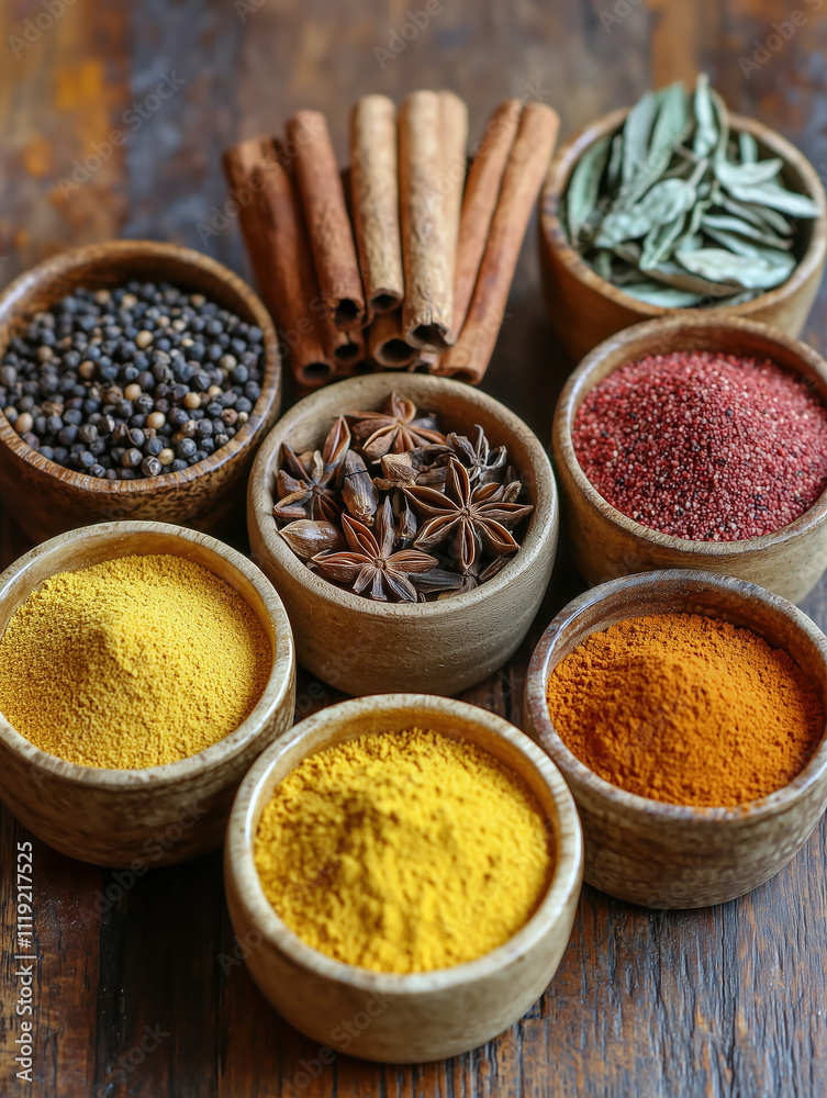 Vibrant Collection of Spices in Bowls on Rustic Wooden Table with Bright Yellow Turmeric and Deep Red Cayenne Pepper Vibrant Collection of Spices in Bowls on Rustic Wooden Table with Bright Yellow Turmeric and Deep Red Cayenne Pepper