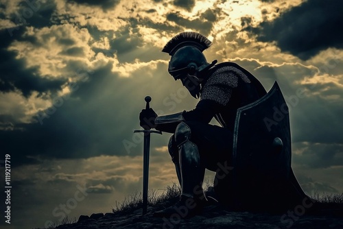 Silhouette of Roman soldier kneeling on hill with sword, shield, under dramatic sky. Mood is somber and contemplative.