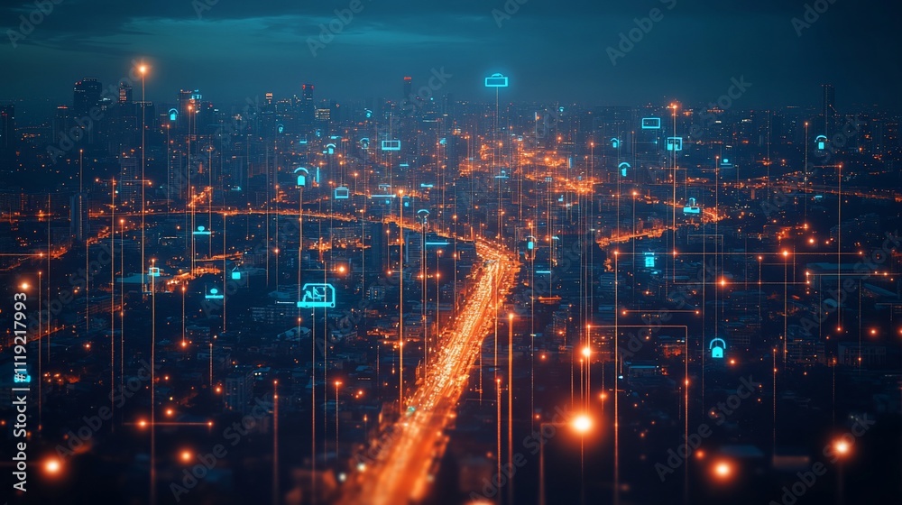 Fototapeta premium Futuristic cityscape at night, interconnected with digital icons representing smart city technologies.