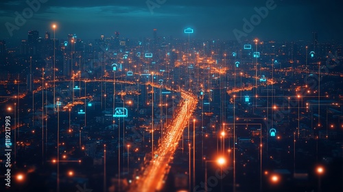 Wallpaper Mural Futuristic cityscape at night, interconnected with digital icons representing smart city technologies. Torontodigital.ca