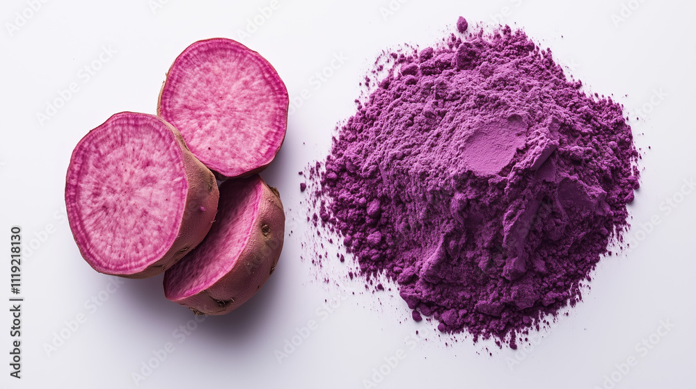 Pile of Purple Sweet Potato Powder with Full Sweet Potatoes on Top in Minimalist White Background Presentation Pile of Purple Sweet Potato Powder with Full Sweet Potatoes on Top in Minimalist White Background Presentation