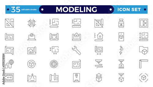 Modeling outline icon set. Architectural planning icon collection. Planning, scheme, dimension, project, measurement, floor plan, etc.  Editable stroke outline icon.
