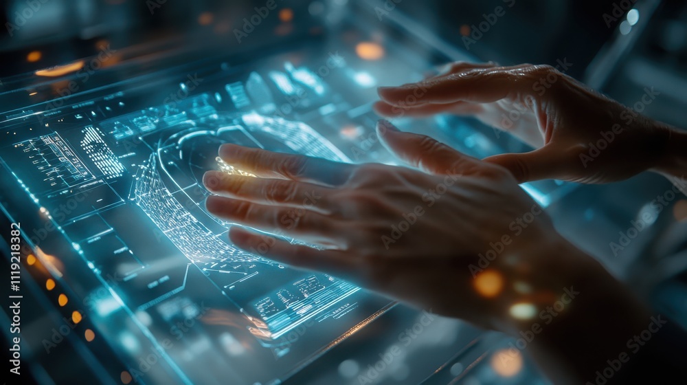 Creative human hands interacting with a holographic interface for innovation Creative human hands interacting with a holographic interface for innovation