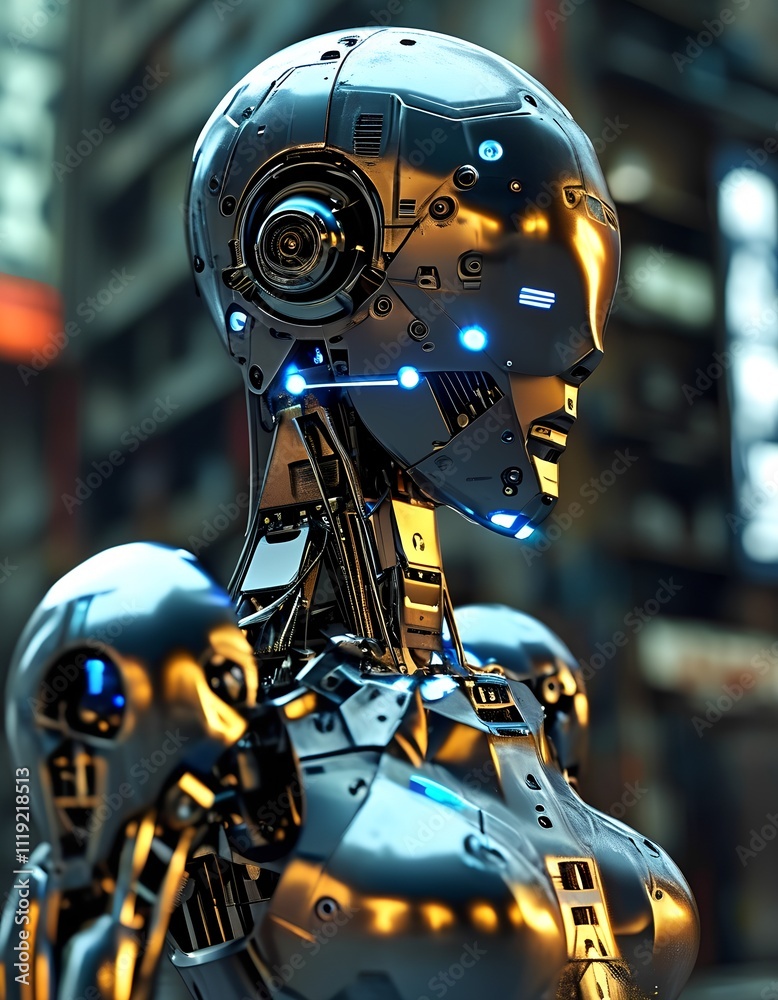 Futuristic Female Robot with Glowing Eyes in a Dark Industrial Setting Futuristic Female Robot with Glowing Eyes in a Dark Industrial Setting