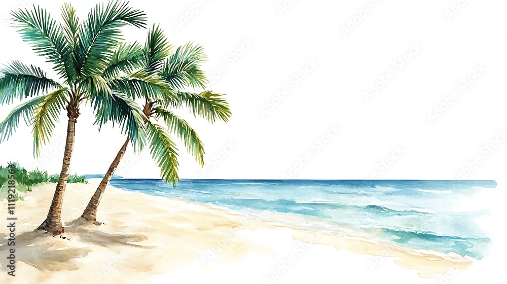 Watercolor painting of palms on the beach with ocean, summer travel concept, isolated on white background Watercolor painting of palms on the beach with ocean, summer travel concept, isolated on white background