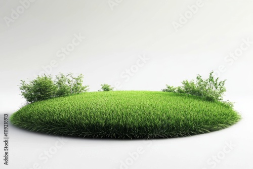 Vibrant 3D rendering of freshly cut grass in circular area on white background with scattered green plants.