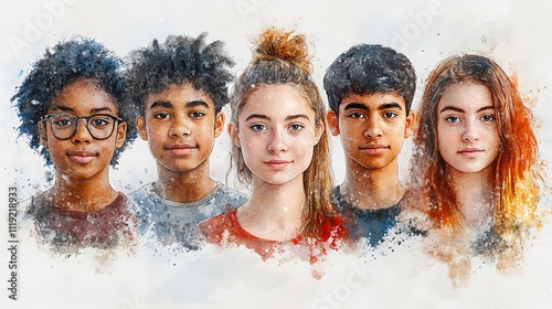 Watercolor portrait of diverse students isolated on white background