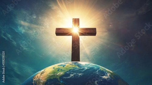 Hopeful symbolism: Wooden cross on Earth globe under radiant sun rays in vibrant blue and green gradient background.
