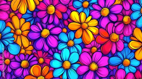 Colorful and vibrant floral pattern with pink, blue, yellow, and orange petals on a solid purple background.