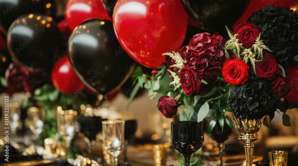 Close-up of red and black balloons as a table centerpiece, surrounded by gold-accented cutlery and floral arrangements Close-up of red and black balloons as a table centerpiece, surrounded by gold-accented cutlery and floral arrangements