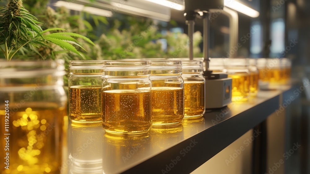 Cannabis oil extraction process in jars. Cannabis oil extraction process in jars.