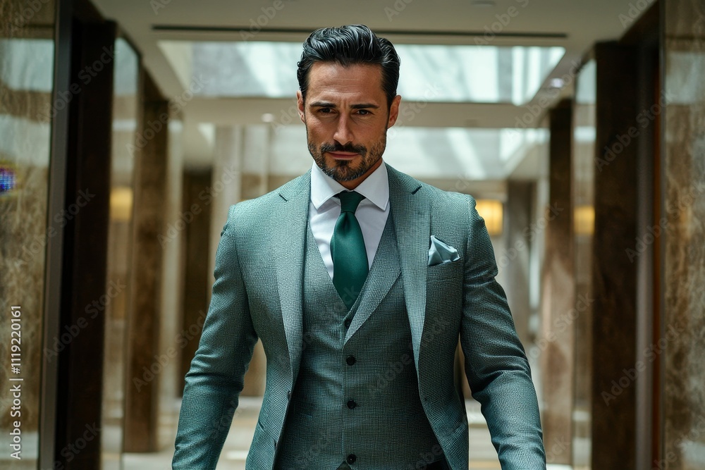 Man in teal suit, serious expression, hallway background.