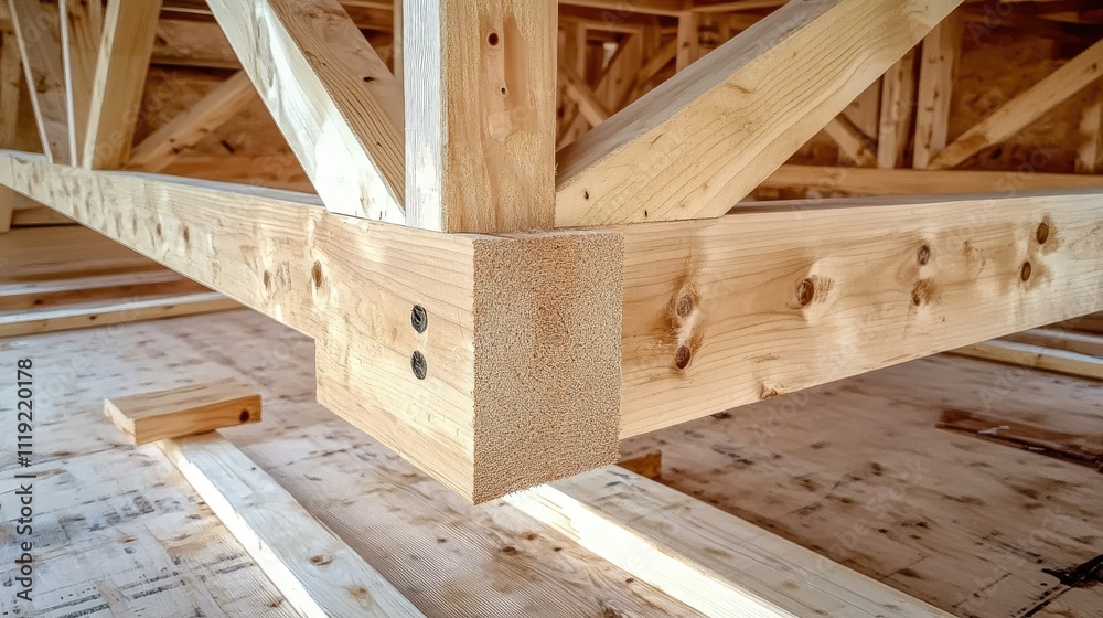 Close-up of the framing structure of a wooden house under construction, with intricate details of fresh timber and joints