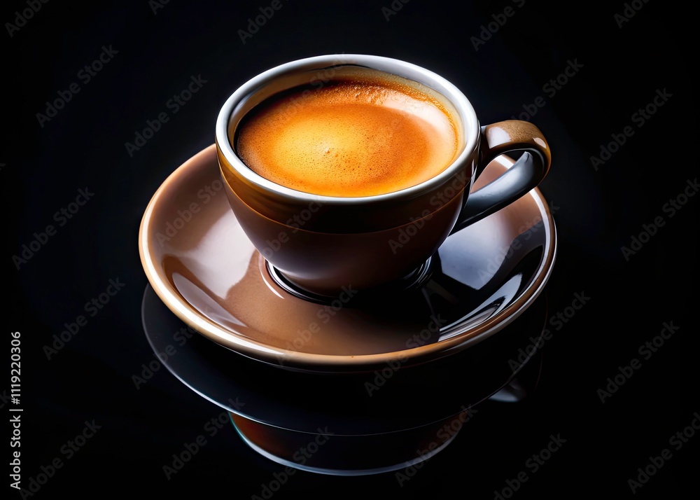 Naklejka premium Espresso Coffee, Dark Background, High Depth of Field, Coffee Bean, Coffee Cup, Black Coffee, Caffeine, Beverage, Drink, Hot Drink, Morning Coffee, Coffee