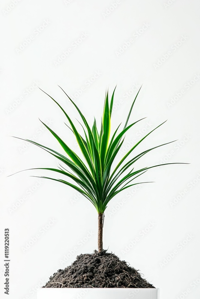 Fototapeta premium Green plant, slender stem, dark soil, white background.