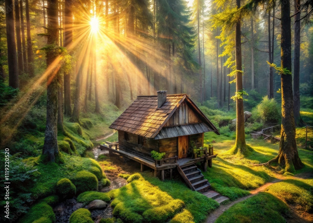 Fantasy Forest Hut Interior: Aerial View of Antique Wooden Cottage Fantasy Forest Hut Interior: Aerial View of Antique Wooden Cottage