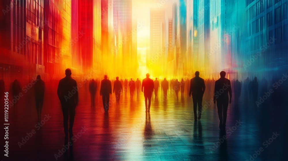 City Sunset Stroll: Silhouetted Figures in Urban Landscape under Colorful Sky at Dusk City Sunset Stroll: Silhouetted Figures in Urban Landscape under Colorful Sky at Dusk