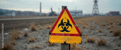 Warning sign indicating soil contamination at an industrial site surrounded by dry grass and factories