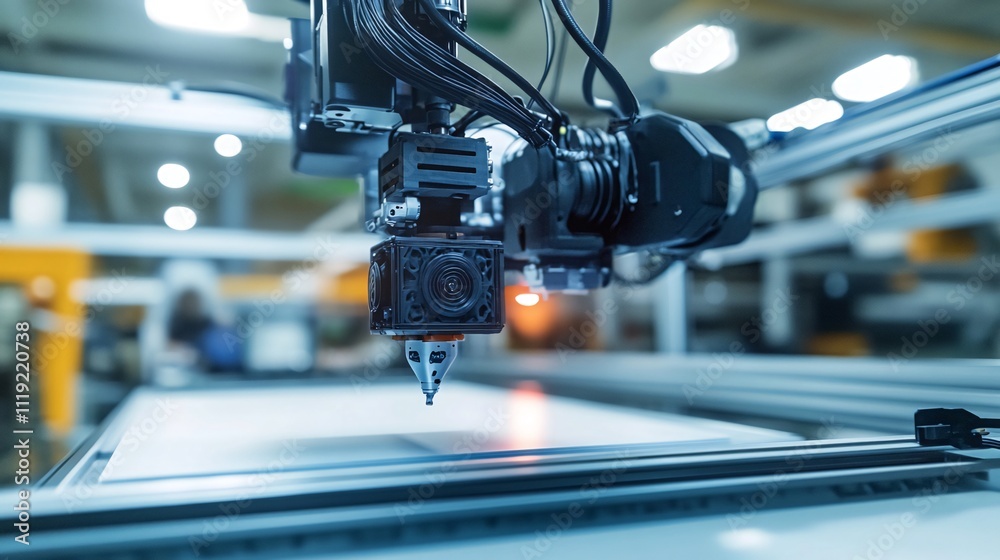 Fototapeta premium Close-up of industrial robotic arm performing precise 3D printing operation on a factory floor.