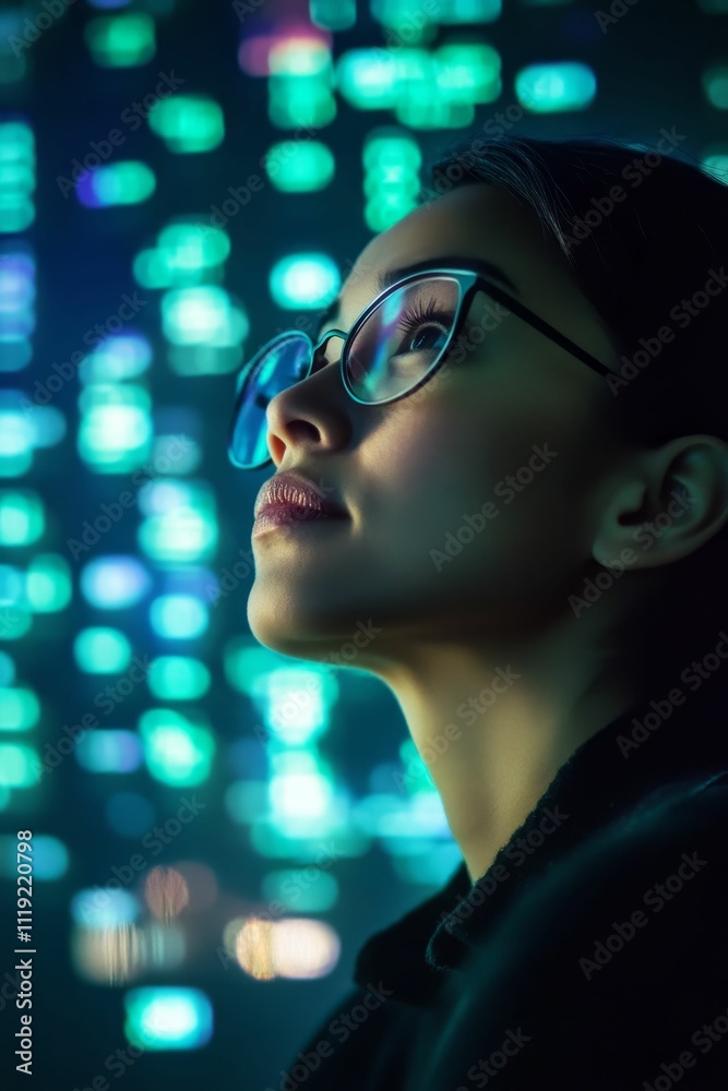 Woman glasses teal bokeh night thoughtful. Woman glasses teal bokeh night thoughtful.