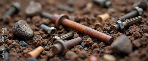 Intricate details of soil contamination revealing hidden debris and metallic fragments in an urban environment photo