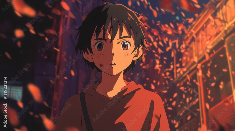 Boy in red hoodie amidst falling petals. Boy in red hoodie amidst falling petals.