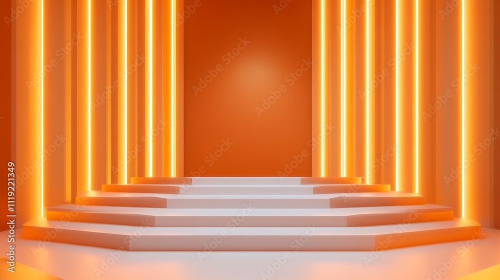 Abstract orange neon lights illuminate a white hexagonal podium. Abstract orange neon lights illuminate a white hexagonal podium.