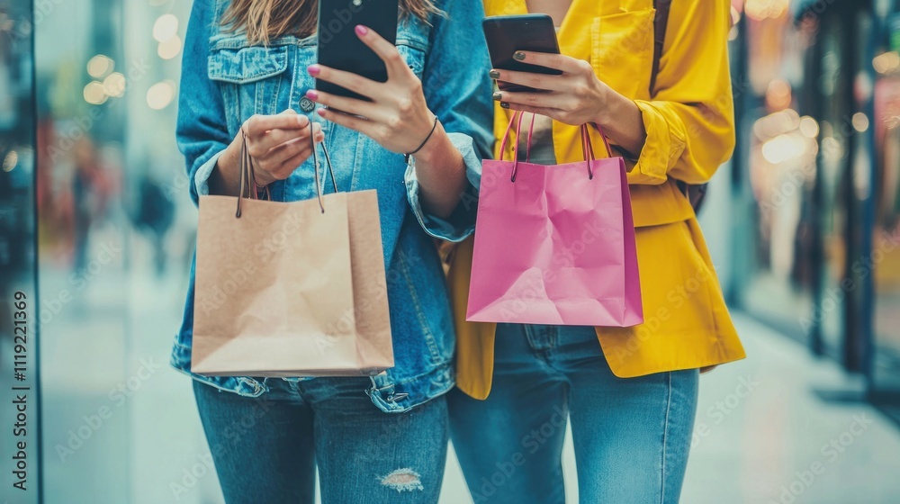 Digital consumers using smartphones or tablets to shop online, exploring e-commerce sites Digital consumers using smartphones or tablets to shop online, exploring e-commerce sites