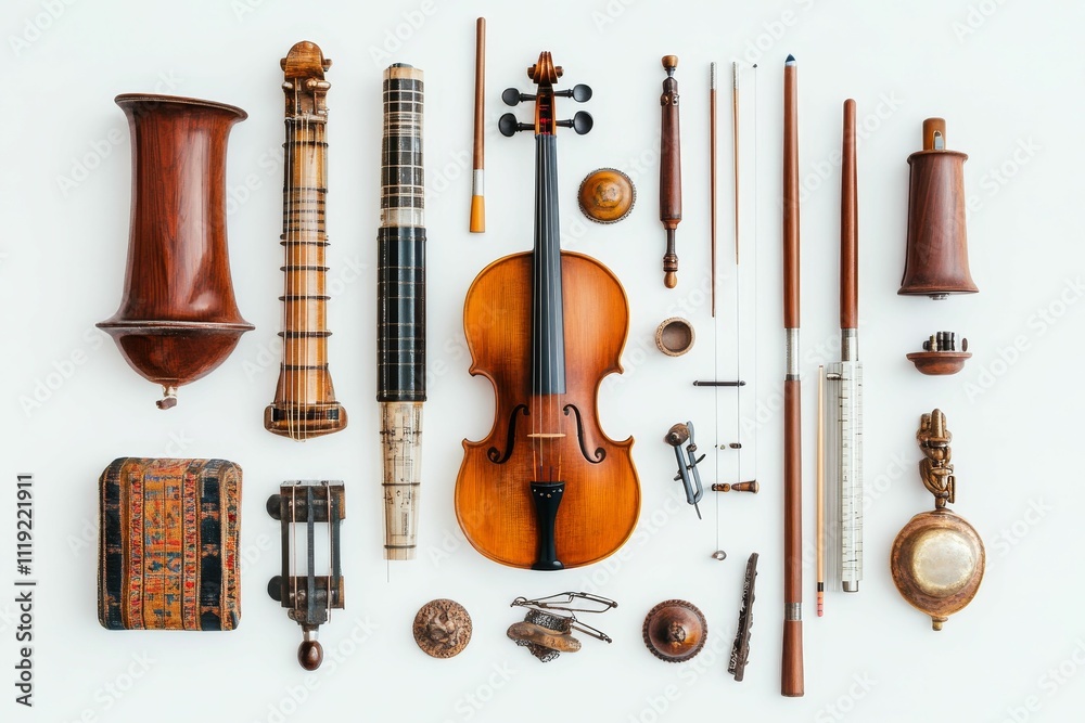 Naklejka premium Musical instruments, tools, and containers arranged neatly.