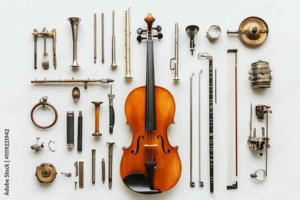 Naklejka premium Violin and various musical instrument parts.