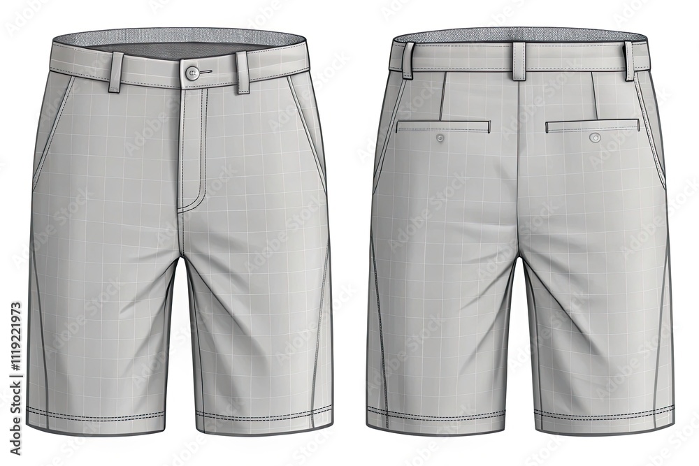 Golf Shorts Fashion Design: Flat Sketches, Front & Back Views, White Background Golf Shorts Fashion Design: Flat Sketches, Front & Back Views, White Background