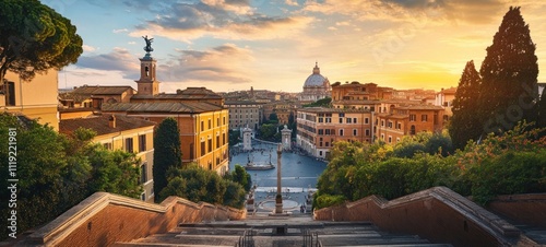 Spectacular Sunset View of Rome's Piazza del Popolo from the Spanish Steps