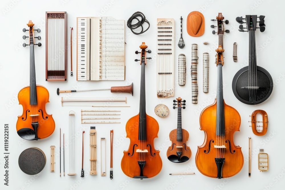 Naklejka premium String instruments, musical accessories, and sheet music.