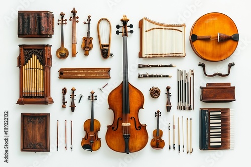 Antique stringed, woodwind, and keyboard instruments arranged neatly.