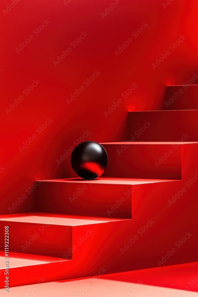 Obraz premium Side view of vibrant red stair with glossy ball for product display