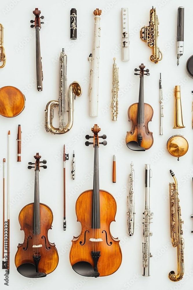 Fototapeta premium String, woodwind, brass instruments arranged neatly.