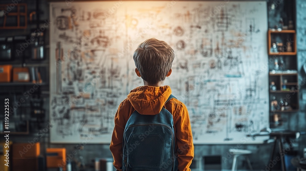 Obraz premium Boy with backpack looking at large whiteboard filled with drawings and diagrams.