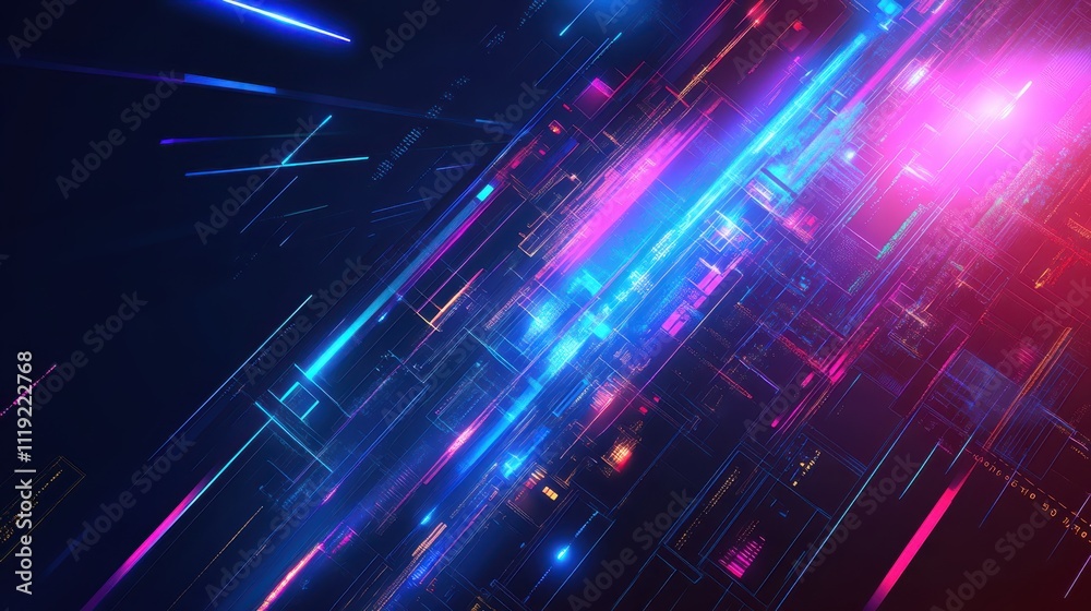 Obraz premium Futuristic cityscape with geometric skyscrapers, neon lights, and digital elements
