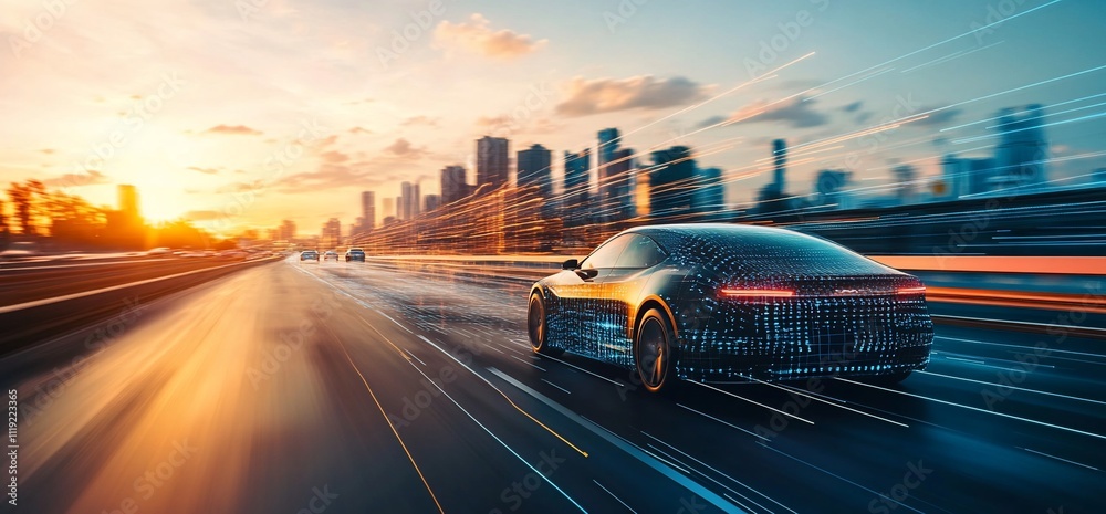 Fast car driving on highway towards city at sunset. Fast car driving on highway towards city at sunset.