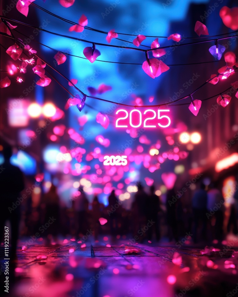 A vibrant street scene illuminated by colorful lights and decorations, setting a festive mood for the year 2025. A vibrant street scene illuminated by colorful lights and decorations, setting a festive mood for the year 2025.