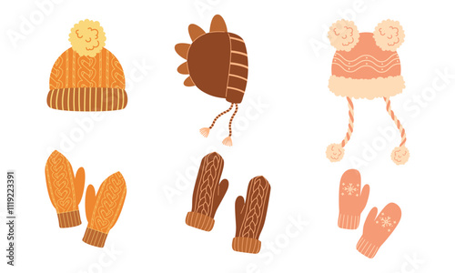 Set of cute winter hats and mittens in warm colors. Knitted accessories with cozy patterns, perfect for seasonal designs, Christmas, or holiday-themed projects. Vector illustration.