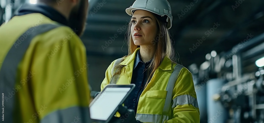 Female engineer and colleague reviewing data on tablet in industrial plant. Female engineer and colleague reviewing data on tablet in industrial plant.