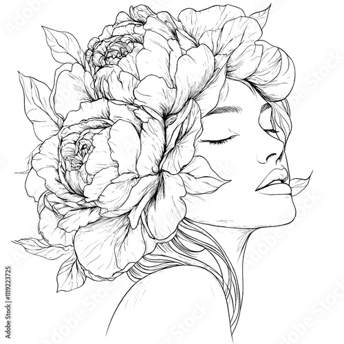 Fashion Silhouette of a Woman with Flowers Instead of Hair in Minimalist Line Drawing Style on Transparent Background