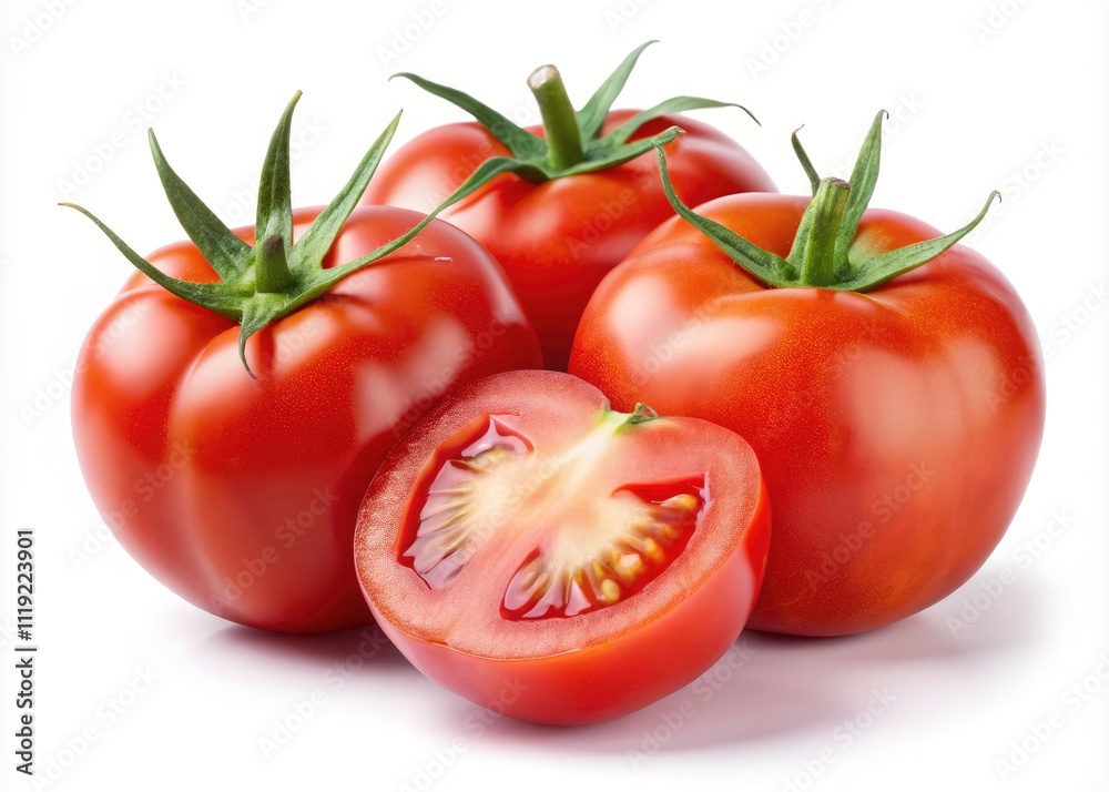 Isolated Tomato Photography: Whole, Half, Sliced Red Tomatoes on White Background - High-Resolution Food Images
