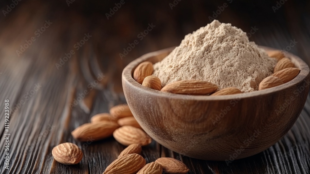 Almond Flour in Wooden Bowl, Surrounded by Almonds on Rustic Table, Healthy Baking Ingredient Almond Flour in Wooden Bowl, Surrounded by Almonds on Rustic Table, Healthy Baking Ingredient